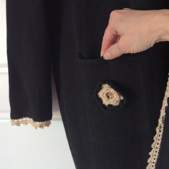 Vintage Shell Kepler Patchwork Beaded Duster Cardigan Large Black Crochet Lace - Picture 9 of 14